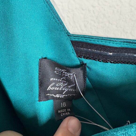 Suzi Chin For Maggy Boutique 16 Satin One Shoulder Dress Green Draped Ruched - Picture 9 of 11